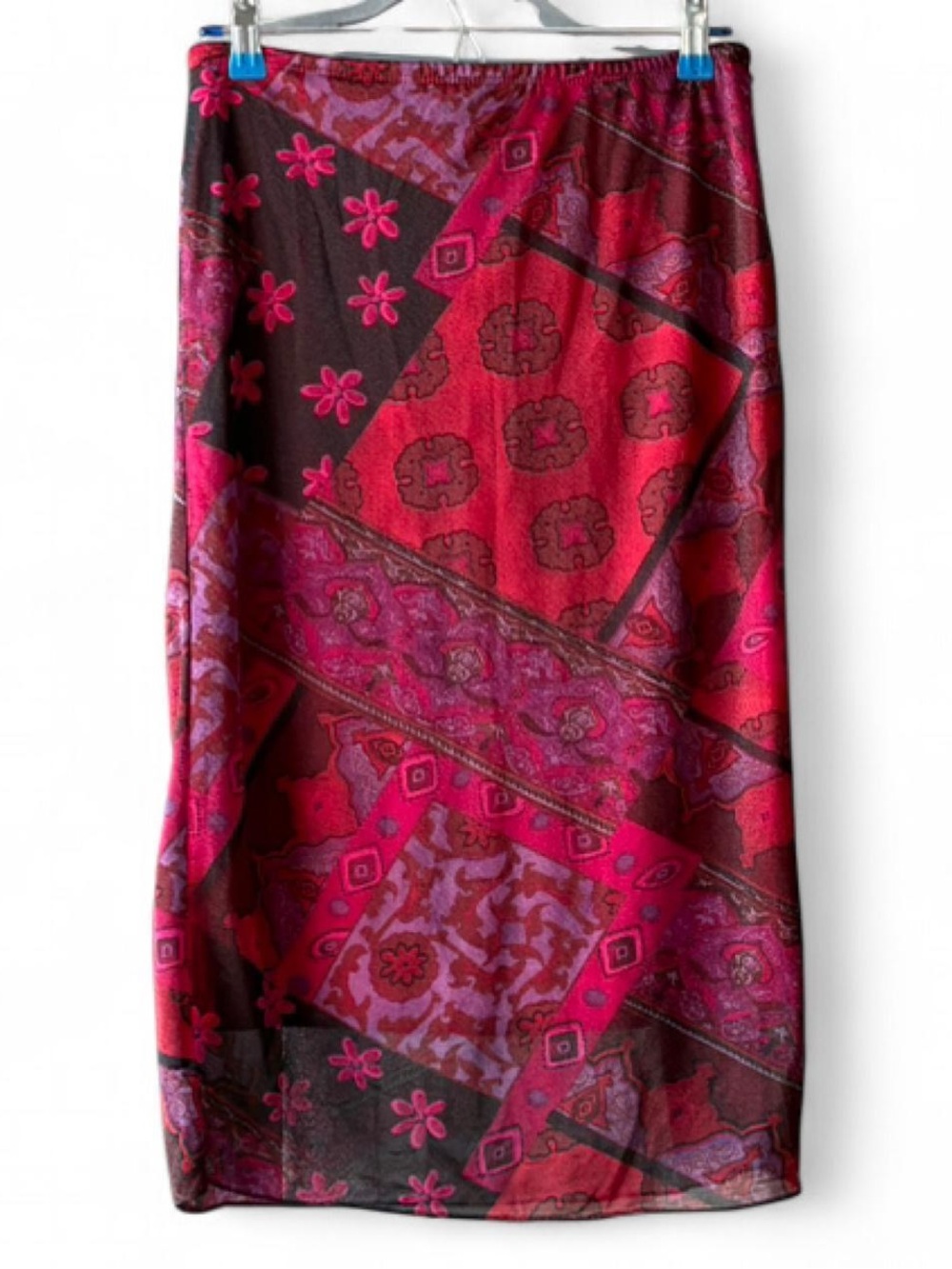 Vintage 90s/Y2K Concert Red Pink Quilt Patchwork Print Mesh Midi Skirt Size L